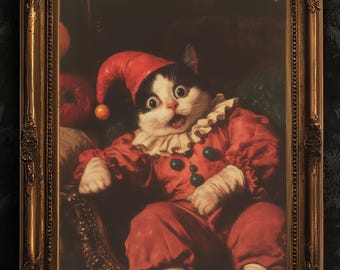 Lustige Clown Katze Druck, Kitty im Spaßvogel Kostüm Kunst Poster, seltsame wunderliche Wanddekoration, exzentrisches Tier Poster, Zirkuskunst, Katzenliebhaber Geschenk