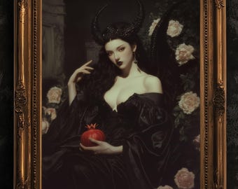 Persephone met granaatappel, gotische Griekse mythologie godin kunstposter, donkere romantiek fantasie schilderij, grillige heksenmuur decor