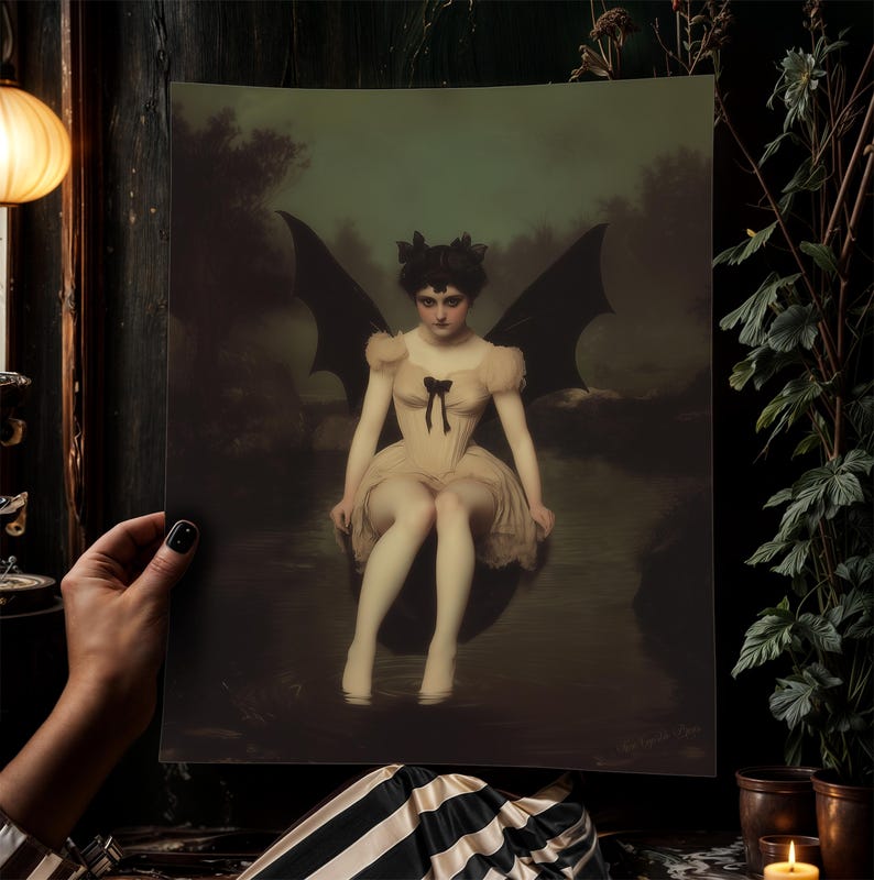 vintage poster, art poster print, dark academia, victorian wall art, gothic painting, halloween decoration, witch art print, nature witch print, dark fantasy poster, moonlit gothic scene, bat woman painting, lilith painting, queen of demons