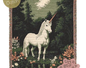 Unicorn Woven Blanket, Fantasy Cottagecore Decor, Mystical Forest Tapestry, Whimsigoth Decor, Fairycore Aesthetic, Mythical Horse Blanket