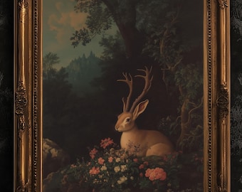 Floral Moody Jackalope Art Print, Surreal Hare Hybrid Wall Decor, Mystical Forest Animal Portrait, Folklore Cryptid Fairycore Wall Art
