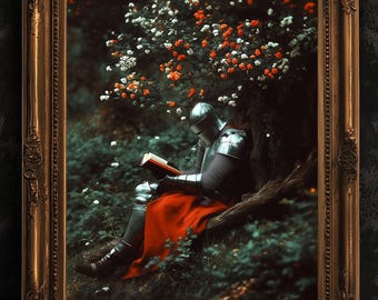Medieval Knight Reading Book Art Print, Floral Dark Castle Core Aesthetic Poster, Whimsigoth Decor Fantasy Wall Art, DND Bookish Knight Gift