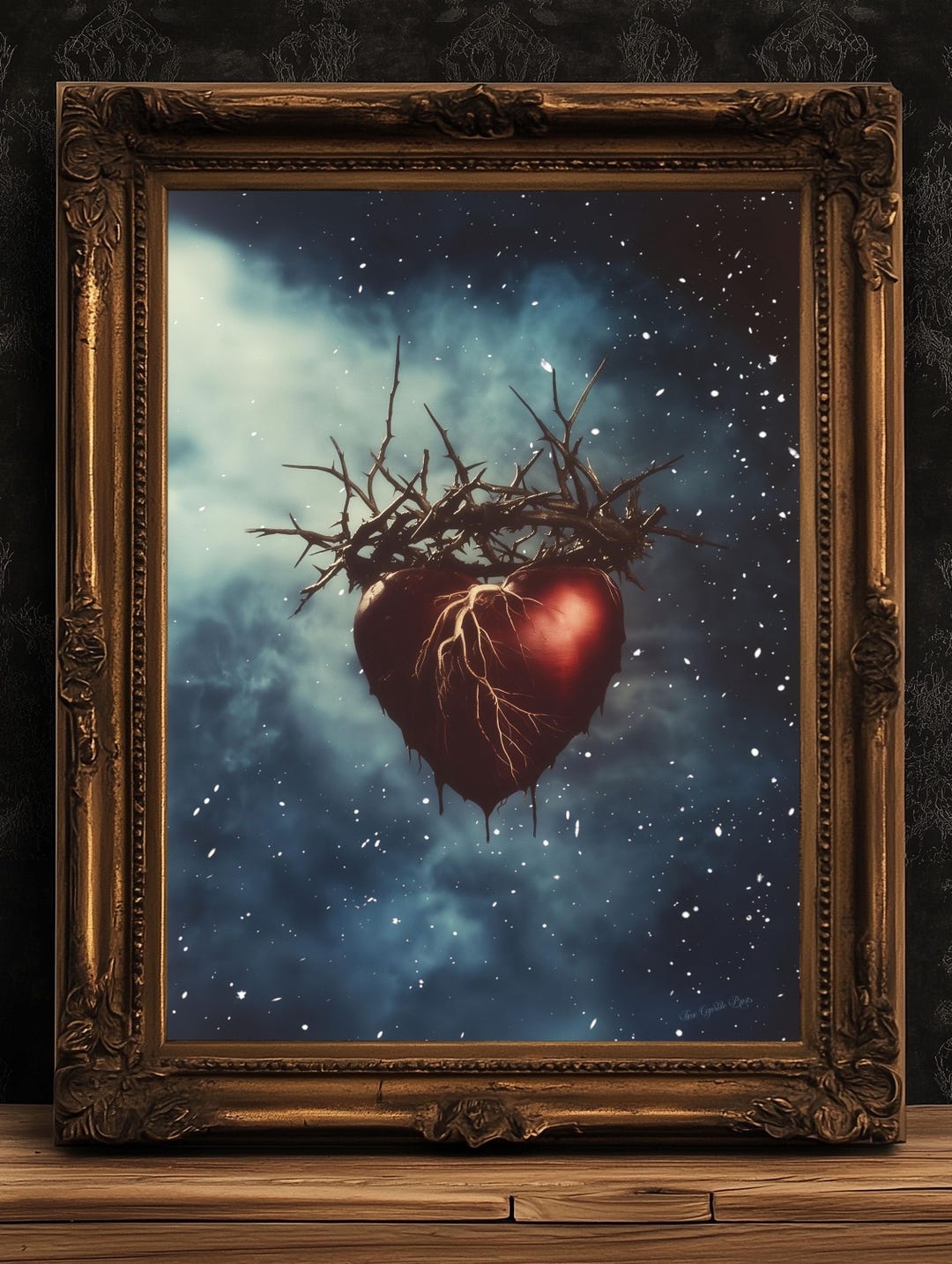 Sacred Heart With Crown of Thorns Floating in Cosmic Sky Digital Art ...