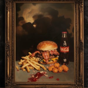 BLT Burger Combo, Cheeseburger Food Poster, Vintage Still Life Oil Painting, Moody Wall Art, Cottagecore, Rustic Kitchen Decor