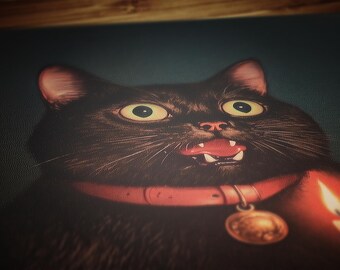 Whimsical Black Cat in Candlelight Art Print Poster, Vintage Humor