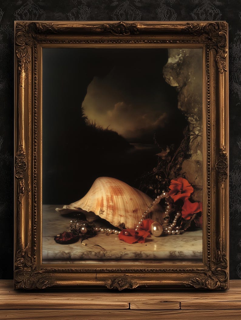 Dramatic Shell Art Seashells and Roses, Whimsigoth Dramatic Ocean Shell Still Life ...