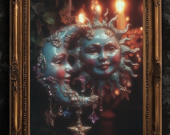 Dark Whimsical Sun And Moon Print, 90s Whimsigoth Decor, Celestial Magical Home Decor, Sun Moon Poster, Cosy Witchy Print