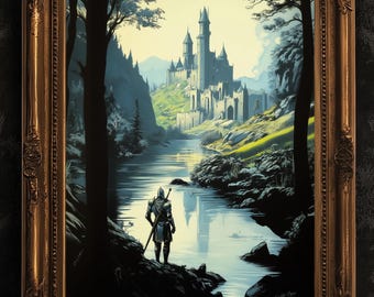 Mittelalterlicher Ritter und mittelalterliche entfernte Burg Kunstdruck, Gothic Fantasy Krieger Wanddekor, episches Ritter Kunstwerk, Burgkern ästhetisches Plakat
