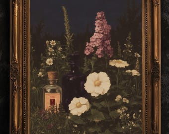 Apothecary Garden Wall Art Print, Vintage Painting Witchy Florals and Potion Bottles, Gothic Dark Academia And Cottagecore Decor