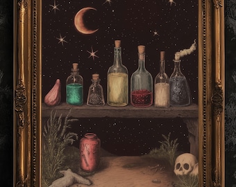 Witchy Potion Shelf Art Print, Dark Fairycore Magical Apothecary Shelf, Potion And Elixir Painting, Goth Cottagecore Witch Decor Poster