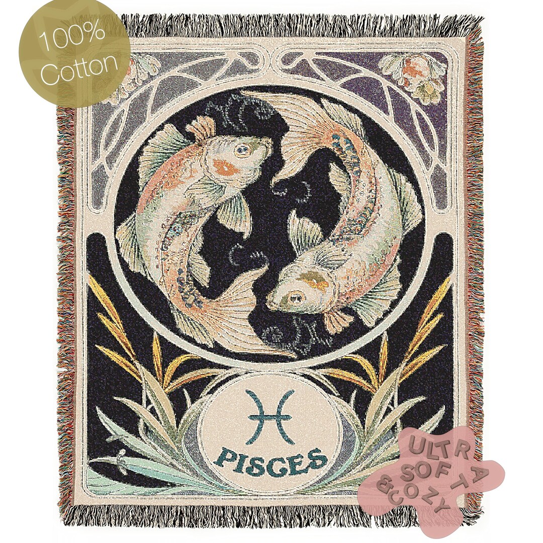 Art Nouveau Zodiac Woven Fringe Blanket, Pisces Tapestry, Zodiac