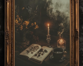 Vintage Botanical Gothic Wall Art Poster, Whimsigoth Decor, Dark Cottagecore Aesthetic Print with Candles, Tea, Smoke and Witchy Study Vibes