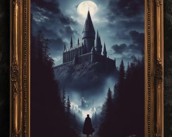 Medieval Castle Art Print, Wizard School Painting Poste, Illustration For Book Nerd Wall Decor, Dark Academia Witchy Gift Fantasy Fan Art