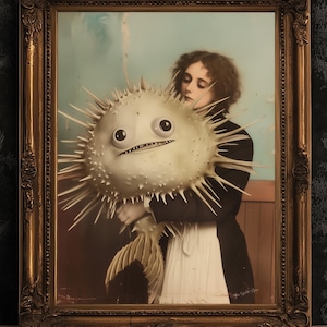 Uma situação de peixe, mulher com baiacu, decoração gótica de inspiração vintage, impressão de parede surreal e estranha, presentes engraçados de pesca