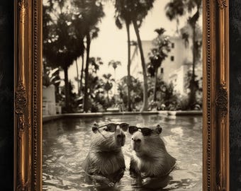 Capybara Pool Party Art Print, Gothic Whimsy Animal Decor