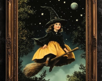 Vintage Halloween Little Witch Wall Art Print, Whimsigoth Decor, Cottagecore Poster, Flying Witch On Broom Painting, Spooky Season Vibes