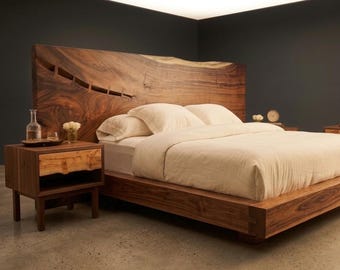 Handcrafted Live Edge Walnut Bed Frame and Nightstand Set, Modern Solid Wood Platform Bed, Mid Century Bedroom Furniture, Custom Master Suit