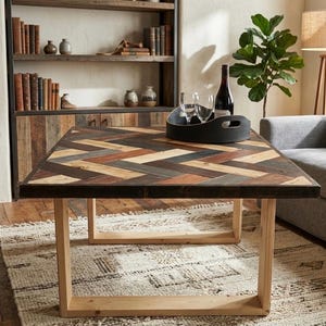 Reclaimed Wood Coffee Table | Herringbone Mosaic Farmhouse Style Living Room Furniture