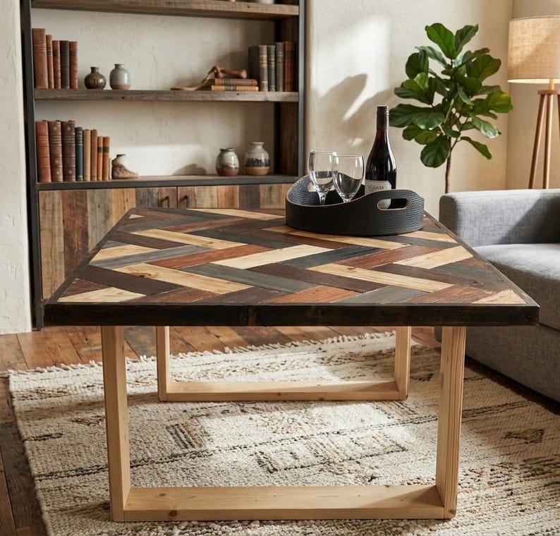 Reclaimed Wood Coffee Table | Herringbone Mosaic Farmhouse Style Living ...