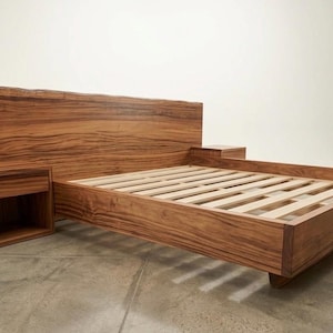 Modern Walnut Platform Bed, Live Edge Wood Headboard, Floating Style Bed with Bedside Tables, Luxury Artisan Bedroom Furniture