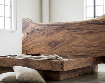 Live Edge Black Walnut Platform Bed with Bookmatched Headboard - Mid Century Modern Solid Wood Floating Bed - Custom Handmade Furniture