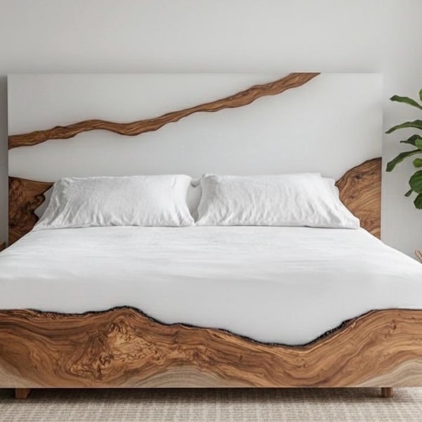 Cama de casal com estrutura em madeira de nogueira e borda natural, cabeceira em resina epóxi branca, móveis de madeira para quarto.