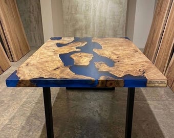 Burl Wood Dining Table with Blue Epoxy River - Handcrafted Live Edge Kitchen Table - Custom Luxury Furniture - Modern Statement Piece