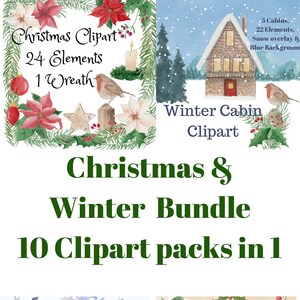 Watercolor Christmas Clipart, Winter Cabin Clipart bundle, Holiday clipart, Christmas floral clipart, Snowman Clipart,Poinsettia clipart,PNG