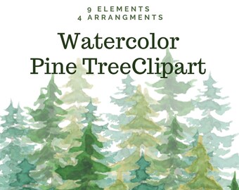 Aquarell-Kiefern-Clipart, Waldlandschaft, PNG (Digitaler Download)