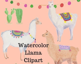 Watercolor Llama Clipart Set, Cactus, Flowers (PNG Digital Download)