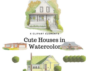 Watercolor House Clipart, Cozy Home, Shrubs (Digital Download)