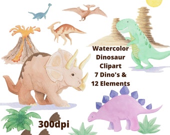 Watercolor Dinosaur Clipart, Rex, Triceratops, PNG (Instant Download)
