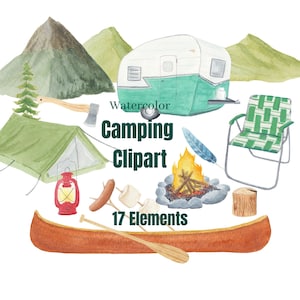 Watercolor, Camping Clipart, Vintage Trailer Watercolor campfire, Tent, Adventure, Woods, Nature, Hiking, Canoe, Outdoors, Campsite Graphics