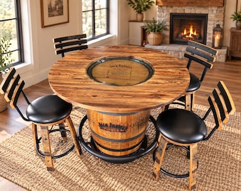 May include: A round wooden dining table with a glass center insert featuring the Jack Daniel's logo, supported by a barrel base. Four matching bar stools with black circular seats and wooden barrel-style backrests surround the table.
