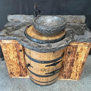 Rustic Whiskey Barrel Vanity with Concrete Countertop and Burnt Hickory Wood