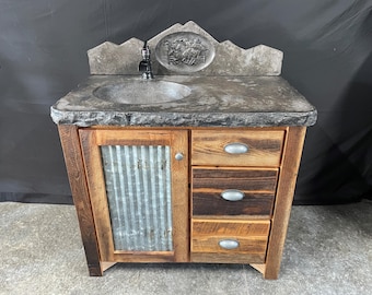 Barnwood Vanity, Concrete Top, with Old Metal Door