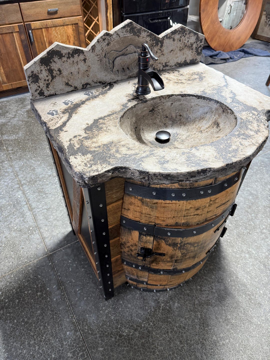 Rustic Whiskey Barrel Vanity With Concrete Countertop - Longhorn ...