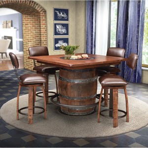 May include: A square wooden table with a barrel base and four brown leather bar stools. The table has a glass top and is surrounded by a brown rug.