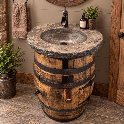 Rustic Whiskey Barrel Bathroom Vanity | Chiseled Edge | Amish Made