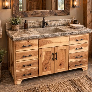 May include: A bathroom vanity cabinet made of light-colored natural wood with visible grain and knots. It features a speckled stone countertop with an integrated sink, a dark metal faucet, and multiple drawers and doors with black metal hardware.