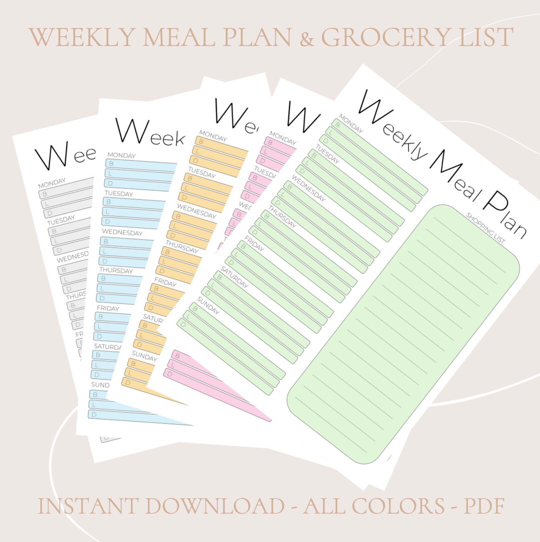 Printable - Downloadable - Weekly Meal Plan and Grocery Shopping List ...