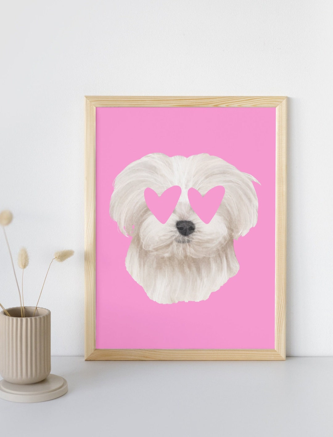 Pink Maltese Wall Art, Pastel Print, Preppy Poster, Fun Playful Pink