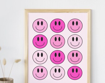 Pink Smiley Face Digital Wall Art, Pink Print, Preppy Poster, Fun Playful Pink Illustration Art, Trendy Aesthetic Home Decor, Colorful Gift