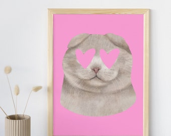 Pink Scottish Fold Cat Art, Pastel Print, Preppy Cat Poster, Fun Playful Pink Illustration Art, Trendy Aesthetic Home Decor, Colorful Gift