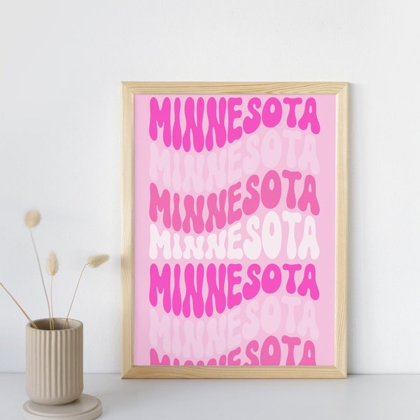 Minnesota Pink State Digital Wall Art, Pastel Print Poster, College Illustration Art, Trendy Aesthetic Home Decor, Colorful Gift Dorm