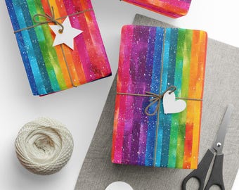 Papel de regalo con rayas arcoíris: brillante o mate, para envolver regalos tú mismo.