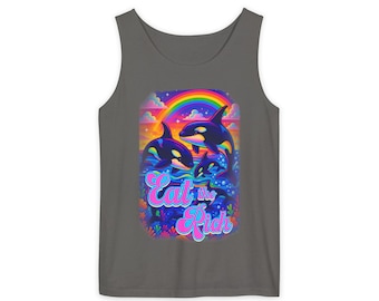 Camiseta sin mangas Orca Rainbow Waves / Gráfico retro de orca colorido