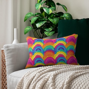 Rainbow Wave Pattern Lumbar Pillow | Colorful Retro Arches image 1