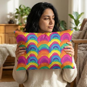 Rainbow Wave Pattern Lumbar Pillow | Colorful Retro Arches image 6