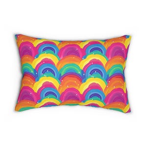 Rainbow Wave Pattern Lumbar Pillow | Colorful Retro Arches image 3